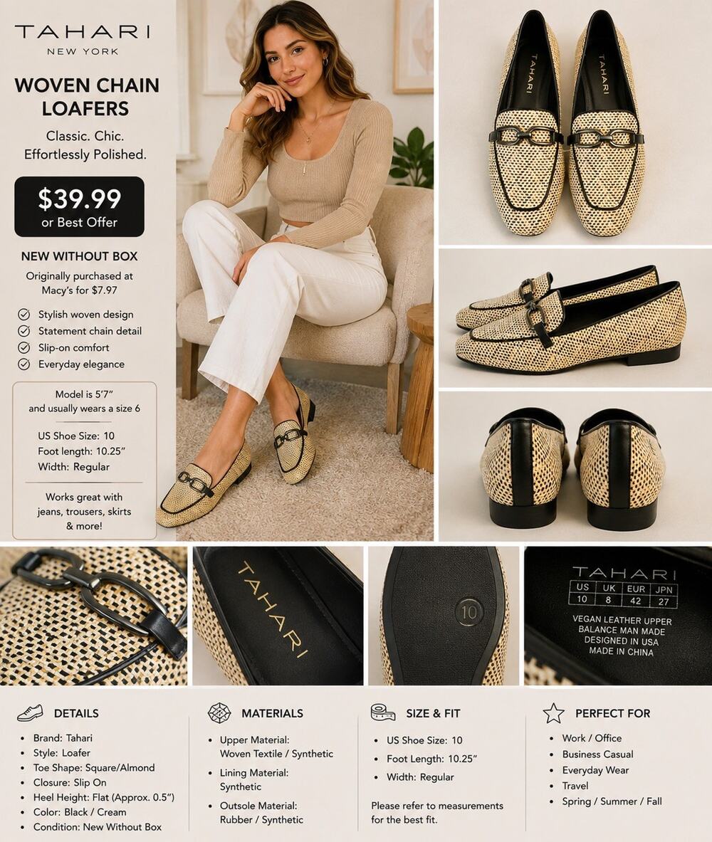 🆕Tahari Women’s Loafers Size 10 Black Cream Woven Chain Bit Slip On Flats NWT